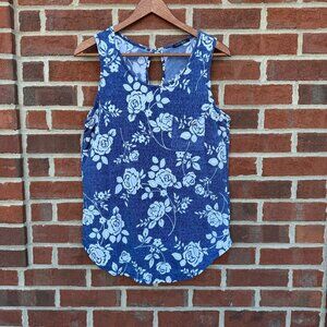 Papermoon Sleeveless Knit Top Medium Blue White Embroidered Flowers Cottagecore